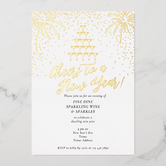 Champagne Tower New Years Eve Dinner Cocktail Bash Folie Uitnodiging (Voorkant)