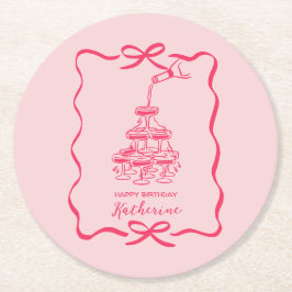 Champagne Tower Pink Hand Drawn Doodles Birthday  Ronde Kartonnen Onderzetter