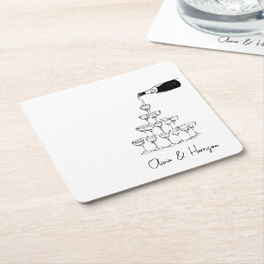 Champagne Tower Sketch Aangepaste naam bruiloft Kartonnen Onderzetters (Schuin)