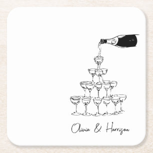 Champagne Tower Sketch Aangepaste naam bruiloft Kartonnen Onderzetters