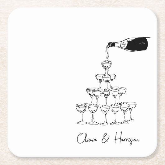 Champagne Tower Sketch Aangepaste naam bruiloft Kartonnen Onderzetters (Voorkant)