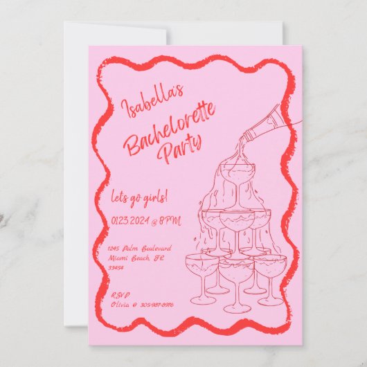 Champagne Tower Wavy Hand getrokken vrijgezellenfe Kaart (Voorkant)