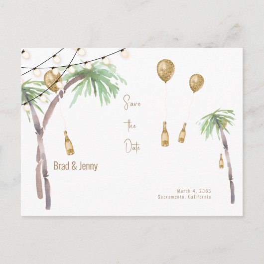 Champagne Tropical Wedding Save the Date Briefkaar Briefkaart (Voorkant)