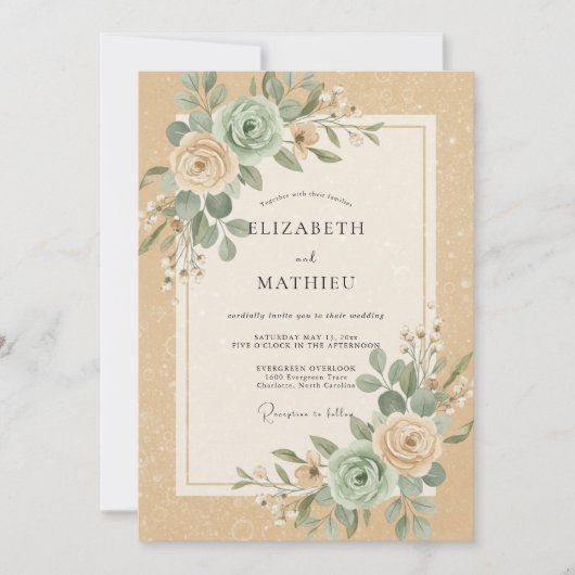 Champagne Turkoois Ranunculus Eucalyptus Bruiloft Kaart (Voorkant)