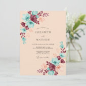 Champagne Turquoise Bloem Bruiloft Kaart (Staand voorkant)