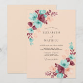 Champagne Turquoise Bloem Bruiloft Kaart (Voorkant / Achterkant)