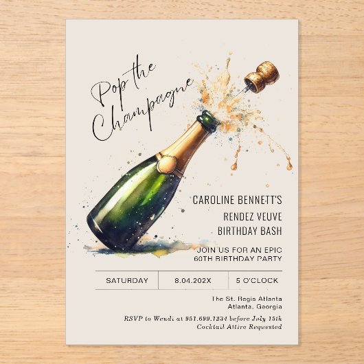 Champagne Verjaardagsfeest Acryl Uitnodigingen (Voorkant)