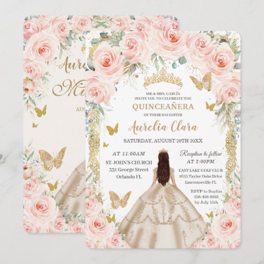 Champagne Vintage Goud Roze Quinceañera Kaart (Voorkant / Achterkant)