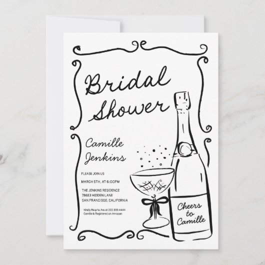 Champagne Vrijgezellenfeest Hand getrokken uitnodi Kaart (Voorkant)