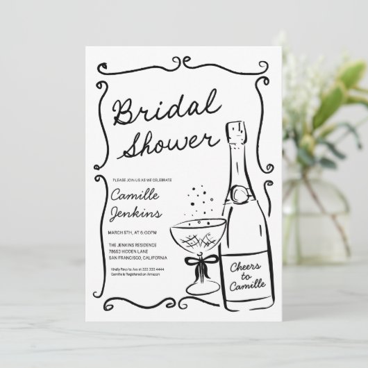 Champagne Vrijgezellenfeest Hand getrokken uitnodi Kaart (Staand voorkant)