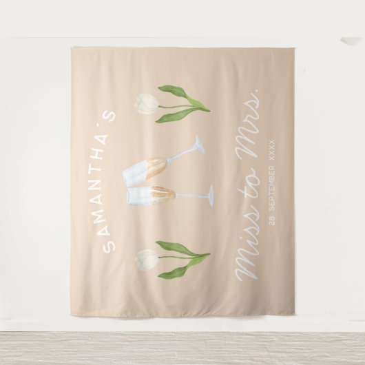 Champagne vrijgezellenfeest Miss to Mrs Tulp Wandkleed (Voorkant)