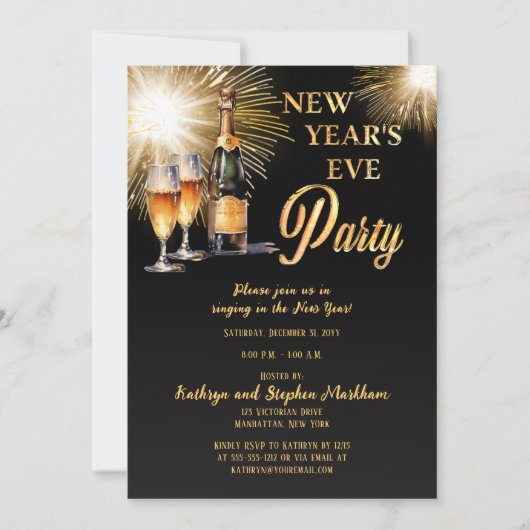 Champagne Vuurwerk Zwart Goud Nieuwjaar Eve Party Kaart (Voorkant)