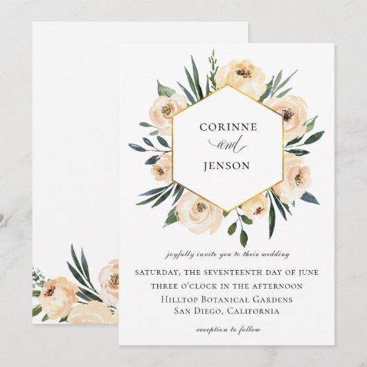 Champagne Waterverf Floral geometrische bruiloft Kaart (Voorkant / Achterkant)