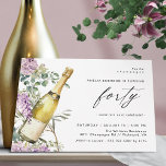 Champagne Waterverf | Leuk Elegant 40e verjaardag Kaart<br><div class="desc">40e verjaardagsuitnodigingen met een waterverf van een champagnefles omringd door paarse bloemen. Grote "veertig" tekst is geschreven in script,  voor een leuke maar elegante invitatie,  met een coördinerende bleke groene kleur aan de achterkant.</div>