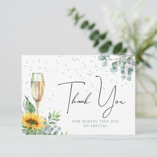 Champagne Waterverf Zonnebloem Vrijgezellenfeest Bedankkaart (Staand voorkant)