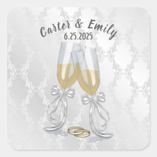 Champagne Wedding Toast with Rings Vierkante Sticker (Voorkant)