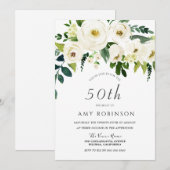 Champagne White Floral Elegant 50th Birthday Party Kaart (Voorkant / Achterkant)