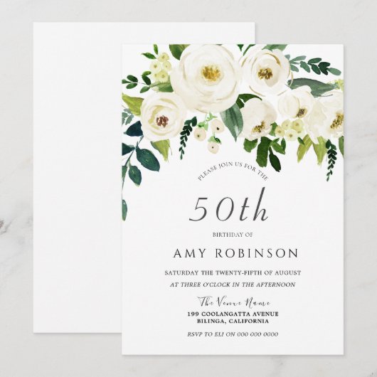 Champagne White Floral Elegant 50th Birthday Party Kaart (Voorkant / Achterkant)