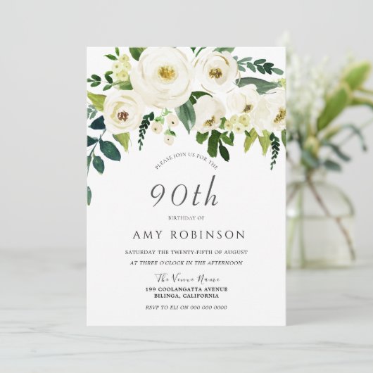Champagne White Floral Elegant 90th Birthday Party Kaart (Staand voorkant)