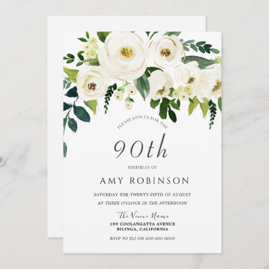 Champagne White Floral Elegant 90th Birthday Party Kaart (Voorkant / Achterkant)