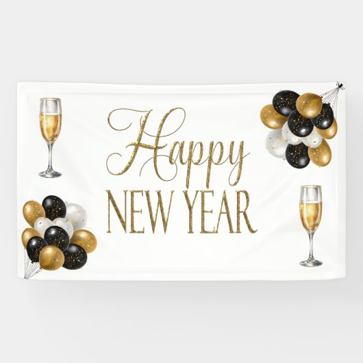 Champagne White & Gold Nieuwjaarsfeest Spandoek (Horizontaal)