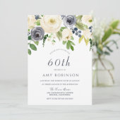 Champagne White & Navy Floral 60th Birthday Party Kaart (Staand voorkant)