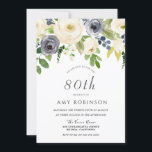 Champagne White & Navy Floral 80th Birthday Party Kaart<br><div class="desc">Champagne White & Navy Floral 80th Birthday Party Invitation Bekijk het collectie in Niche en Nest Store</div>