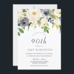 Champagne White & Navy Floral 90th Birthday Party Kaart<br><div class="desc">Champagne White & Navy Floral 90th Birthday Party Invitation Bekijk het collectie in Niche en Nest Store</div>