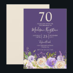 Champagne White Rose Paars 70th Birthday Party Kaart<br><div class="desc">Champagne White Rose Paars 70th Birthday Party Invitation Zie bijbehorend collectie in winkel</div>