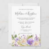 Champagne White Rose Paarse Floral Elegant Wedding Kaart (Voorkant)