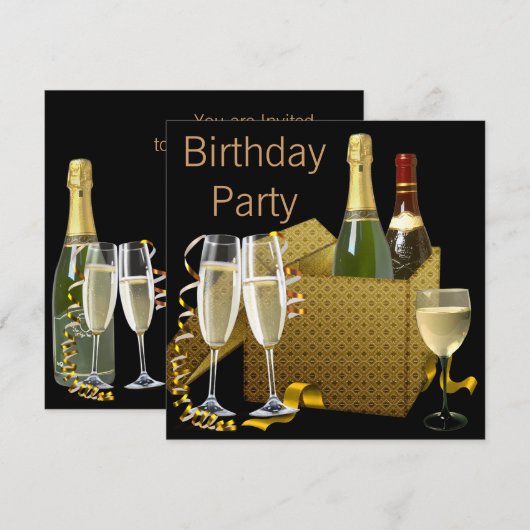 Champagne Wijnglazen Zwart Goud Verjaardagsfeest Kaart (Voorkant / Achterkant)