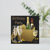 Champagne Wijnglazen Zwart Goud Verjaardagsfeest Kaart (Staand voorkant)