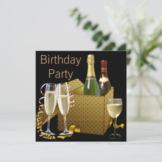 Champagne Wijnglazen Zwart Goud Verjaardagsfeest Kaart (Staand voorkant)
