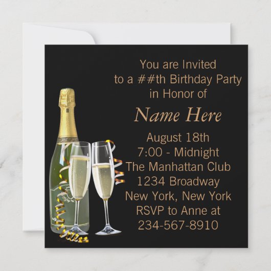 Champagne Wijnglazen Zwart Goud Verjaardagsfeest Kaart (Achterkant)