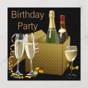 Champagne Wine Glasses Black Gold Birthday Party Kaart