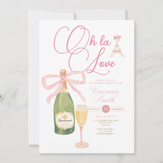Champagne Wine Pink bow Paris Theme Vrijgezellenfe Kaart (Voorkant)