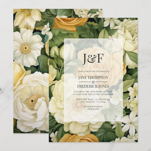 Champagne, wit & groen Bloemen bruiloft Kaart (Voorkant / Achterkant)