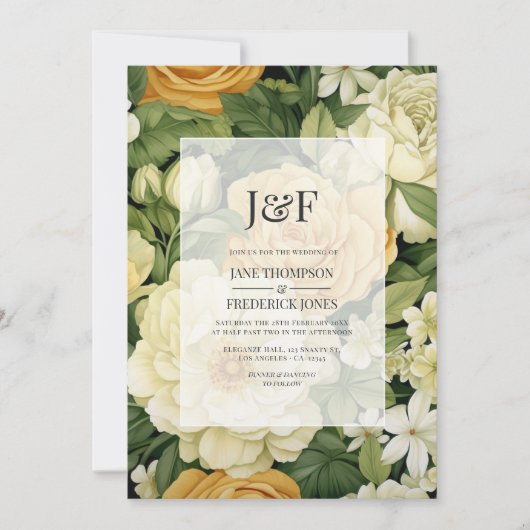 Champagne, Wit & Groene Bloemen Bruiloft Kaart (Voorkant)