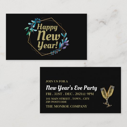 Champagne & Wreath, New Year's Eve Party Ticket Informatiekaartje (Voorkant / Achterkant)