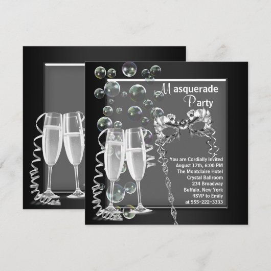 Champagne Zilver Zwart Masquerade Party Kaart (Voorkant / Achterkant)