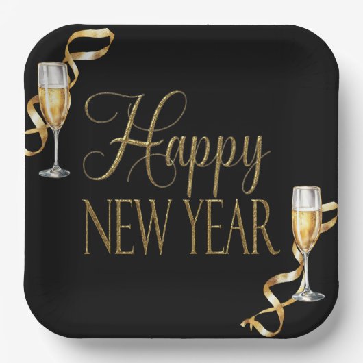Champagne Zwart & Goud Oudejaarsfeest Papieren Bordje (Voorkant)