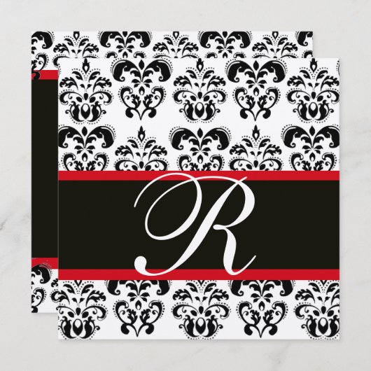 CHAMPAGNE & ZWART ROOD DAMAST MONOGRAM , wit Kaart (Voorkant / Achterkant)