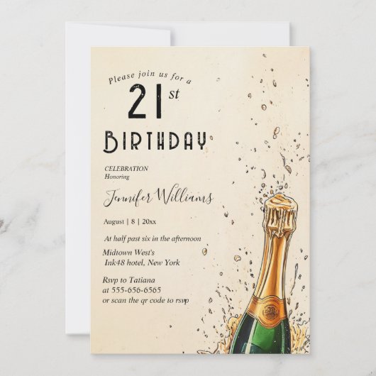 Champagnefles en 21ste verjaardagsfeest kaart (Voorkant)