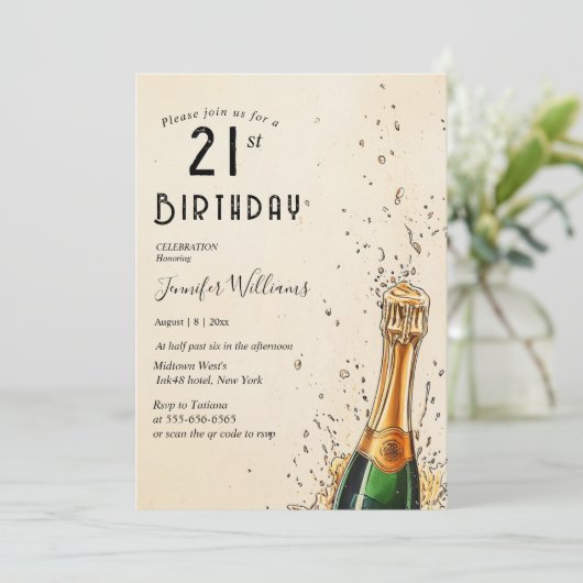Champagnefles en 21ste verjaardagsfeest kaart (Staand voorkant)