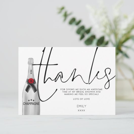 Champagnefles Stijlvol Script Vrijgezellenfeest Bedankkaart (Staand voorkant)