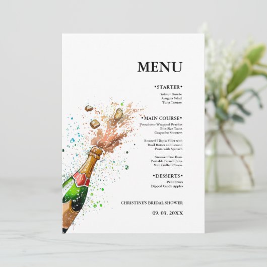 Champagnefles Vrijgezellenfeest feest Menu (Staand voorkant)