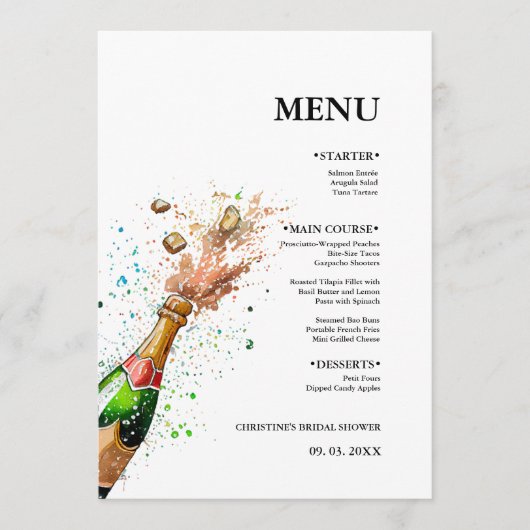 Champagnefles Vrijgezellenfeest feest Menu (Voorkant)