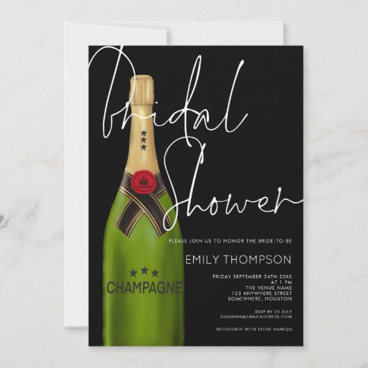 Champagnefles Wit Script Zwart Vrijgezellenfeest Kaart (Voorkant)