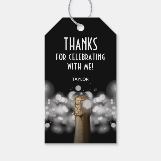 Champagnefles Zwart en Wit Favor Cadeaulabel (Voorkant)