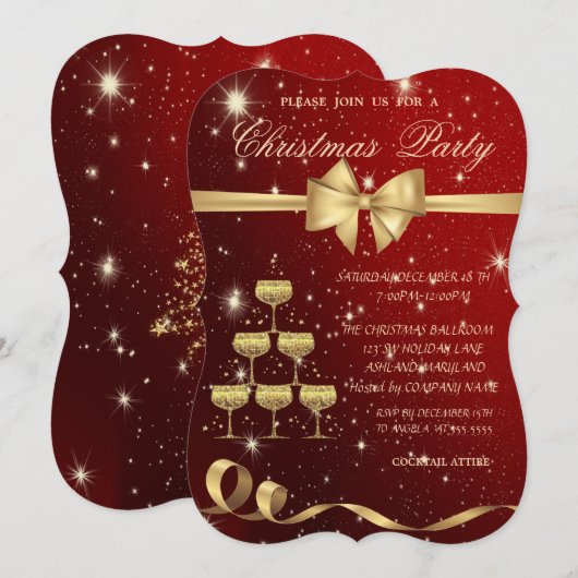 Champagneglas Boom,Boog,Rood,Kerstdiner Kaart (Voorkant / Achterkant)